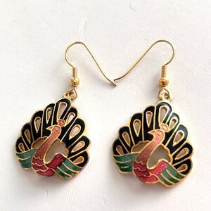 Vintage Cloisonne Peacock Earrings Pink Head Details Black Feathers Gold Tone
